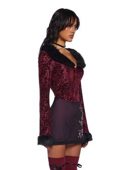 This long sleeve corset top comes in a velvet construction, with a jacquard print, hook and eye closures, and faux fur trim details. Y2k Fashion Women’s, Fur Sleeves Top, Red And Black Corset Outfit, Christina Aguilera 2000s Outfit, Velvet Sewing Projects, Corset Fall Outfit, Romantic Gothic Fashion, Purple Aesthetic Outfit Grunge, Drummer Oc