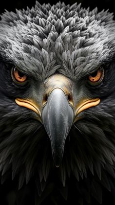 an eagle's head with orange eyes and black feathers is shown in this artistic photograph