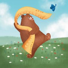 a brown bear standing on its hind legs in the grass with a blue butterfly flying over it