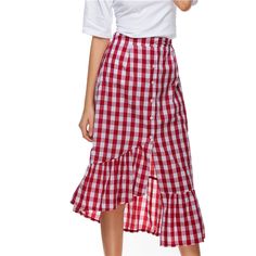 Material: Cotton • Dresses Length: Mid-Calf • Style: High Street, Fashion • Decoration: Button • Silhouette: Asymmetrical • Waistline: Empire • Type: Plaid Casual Fitted Skirt For Picnic, Casual Cotton Plaid Dress With Buttons, Casual Spring Plaid Dress With Button Closure, Casual Gingham Skirt For Summer, Casual Summer Gingham Skirt, Fitted Plaid Dress With Button Closure For Summer, Casual Button-up Plaid Dress For Spring, Casual Plaid Dress With Short Sleeves And Buttons, Casual Plaid Short Sleeve Dress With Buttons