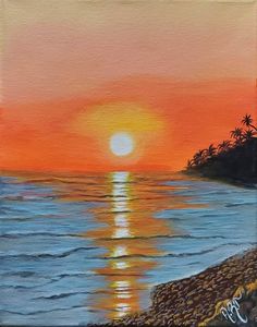 an oil painting of the sun setting over the ocean