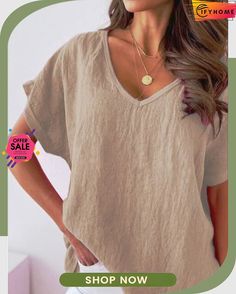 Casual Cotton-blend Short Sleeve Shirt & Top Casual Beige V-neck Shirt, Beige Relaxed Fit V-neck T-shirt, Shirt Top, Short Sleeve Shirt, Shirts Tops, Sleeve Shirt, Top Shirt, Cotton Blend, Blazer