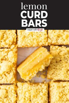 lemon curd bars cut into squares and stacked on top of each other with text overlay