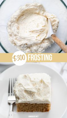 Two images, the top image is a bowl of frosting with a spoon in it, the second image is the frosting on a spice cake with a fork for serving. Evaporated Milk Icing, 2 Ingredient Frosting, $300 Frosting, 300 Dollar Frosting, 300 Frosting, Ermine Frosting Recipes, Decedent Deserts, Flour Frosting, Aldi Meals