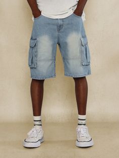 Washed Denim Cargo Short Blue    Denim Plain Wide Leg Non-Stretch  Men Clothing, size features are:Bust: ,Length: ,Sleeve Length: Short Cargo, Casual Denim Shorts, Denim Cargo, Cargo Short, Faded Jeans, Shorts Cargo, Knitting Girls, Washed Denim, Casual Sets