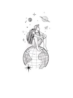 a black and white drawing of a man sitting on top of a globe with planets in the background