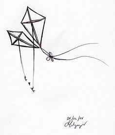 a black and white drawing of a kite flying in the sky with writing on it