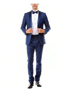 Embrace a sleek and contemporary look for your next formal event with this versatile two-piece tuxedo. The jacket boasts a luxurious satin notch lapel that adds a touch of elegance, while the one-button closure provides a clean and modern silhouette.  This tuxedo incorporates a hybrid fit, catering to a wider range of body types. Sizes 34-40 offer a slimmer skinny fit for a more tailored look, while sizes 42-56 transition to a wider slim fit for a comfortable yet polished appearance. The tuxedo Classic Blue Fitted Tuxedo, Elegant Single Button Blue Tuxedo, Slim Fit Blue Tuxedo Set, Navy Tuxedo With Notch Lapel, Fitted Blue Tuxedo With Hidden Button Closure, Classic Tuxedo, Suit Separates, Tall Guys, Big And Tall