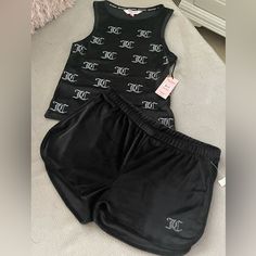 Juicy Couture Black Rhinestone Logo Velour Pajamas. Large. New Sleeveless Black Sleep Set, Black Sleeveless Set For Pajama Party, Sleeveless Black Pajama Party Set, Black Fitted Sleep Sets, Sleeveless Black Set For Pajama Party, Fitted Black Sets For Night, Juicy Couture Black, Black Rhinestone, Juicy Couture