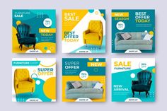 a set of four banners for furniture sale with chairs and sofas in different colors