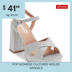 These Pop women's Cultured heeled sandals are a glam showstopping style for a special event. Featuring a gold-tone glitter base and strappy open-toe design, this pair has a high platform heel and an ankle strap closure. Wear them with a mini dress or skinny jeans and a satin cami.Features: GlitterClosure Type: BucklePlatform Shoe Height: 1 InchShoe Heel Height: 2 InchesUpper/Outer Base Material: 100% PolyesterShoe Lining Material: PolyurethaneSole Material Content: 60% Polyester, 40% Polyuretha… Spring Glitter Heels In Synthetic Material, Trendy Glitter Heels For Spring, High Heel Glitter Sandals For Summer, Summer Glitter Block Heel Sandals, Glamorous Glitter Sandals For Summer, Glitter Ankle Strap Sandals For Summer, Glitter Open Heel Sandals For Summer, Summer Glitter Ankle Strap Sandals, Spring Ankle Strap Sandals With Glitter