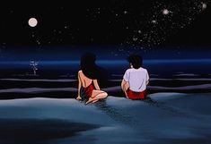 two people sitting on the beach looking at the night sky with stars and moon in the background