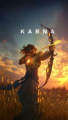 a woman holding a bow and arrow in front of a sunset with the words karna on it