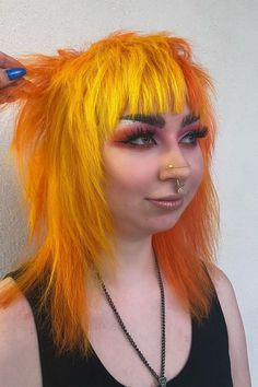 Orange Yellow Pink Hair, Orange Mullet, Straight Mullet, Orange And Yellow Hair, Black Pixie Cut, Awesome Hairstyles, Hair Color Orange, Bright Eyeshadow, Styling Hair