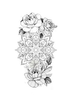 a black and white drawing of flowers with leaves on the bottom half of each flower