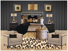 the bedroom is decorated in black, gold and white colors with leopard print rugs