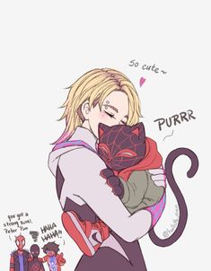 a drawing of a person holding a cat in their arms and the caption says, so cute purr