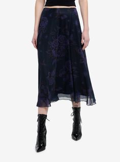 Try some dark florals for spring. From Cosmic Aura  this black mesh midi skirt is line and printed with dark purple roses and butterflies. Elasticated waistband.95% polyester; 5% spandexWash cold; dry lowLength: 39"ImportedListed in junior sizesModel is 5'10"Model wears size Small Midlength Skirts Oputifts, Cheap Grunge Streetwear Outerwear, Purples Skirts, Witchy Skirt, 90s Alternative Fashion, Making Skirts, Witch Aesthetic Outfit, Black Floral Midi Skirt, Cosmic Aura