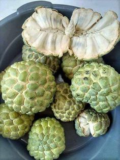 a bowl filled with green fruit sitting on top of a table