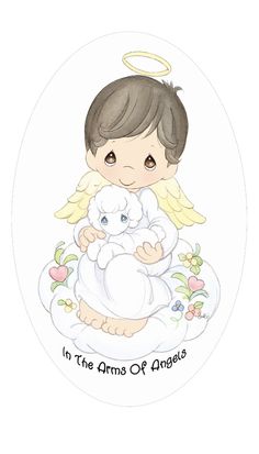 an angel holding a white teddy bear on top of a cloud with the words in the arms of angels