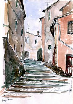 a watercolor painting of an alleyway with steps leading up to the building on each side