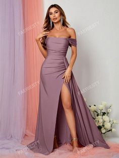 Off Shoulder Side Draped Wrap Hem Satin Formal DressI discovered amazing products on SHEIN.com, come check them out! Satin Formal Dress, Fancy Dresses, Amazing Products, Formal Dress, Off Shoulder, Satin, Formal Dresses, Dresses