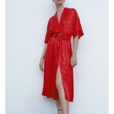 Zara Belted Jacquard Midi Dress Red Red Belted Dress For Party, Red Belted Party Dress, Red Belted Midi Dress For Summer, Elegant Red Belted Dress, Red Belted V-neck Dress, Elegant Red Belted Midi Dress, Red Belted Dress For Summer, Red Belted Summer Dress, Summer Belted Red Dress