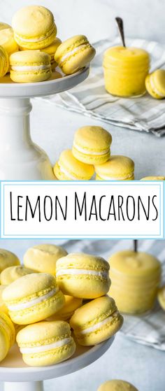 lemon macarons on a white cake stand with the words lemon macarons above them