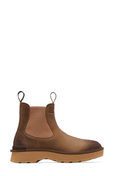 Waterproof suede and full-grain leather elevate this rugged Chelsea boot with double pull-tabs for easy on/off and a lightweight, EVA-cushioned sole. 1 1/2" heel; 1" platform; (size 8.5) 5 1/4" shaft Waterproof: protects against rain, puddles and slush to keep feet dry in wet conditions Elastic gore insets Leather upper/synthetic and textile lining/rubber sole Imported Brown Suede Work Boots With Reinforced Toe, Suede Work Boots With Reinforced Toe For Outdoor Work, Outdoor Suede Work Boots With Steel Toe, Brown Suede Steel Toe Work Boots, Outdoor Suede Steel Toe Work Boots, Suede Ankle Work Boots With Reinforced Toe, Brown Suede Waterproof Boots With Lug Sole, Suede Moc Toe Boots For Outdoor Work, Rugged Suede Work Boots With Steel Toe