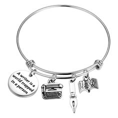 PRICES MAY VARY. 【Material】Writer Quotes Bracelet made of stainless steel,it is lead free and nickel free.Stainless Steel is hypo allergenic, it doesn’t rust, change colour or tarnish. 【Size】Author Bracelet -Bangle is 6.0 cm in diameter ,Writing charm is 2.0 cm in diameter .It is fully adjustable to fit approximately a 6 inch to 8 inch wrist. perfect size to daily wear. TIPS:manual measuring permissible error.This charm bracelet is a perfect gift for any book lover on all occasions. 【Engraved me Author Bracelet, Bracelet Quotes, Writer Gifts, Writer Quotes, Literary Gifts, Professional Jewelry, Jewelry For Her, Bracelet Bangle, Book Lover