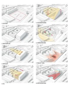 four different views of the various buildings in this diagram, each with red and yellow markings