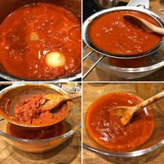 four pictures showing how to make tomato sauce in a pot with a wooden ladle