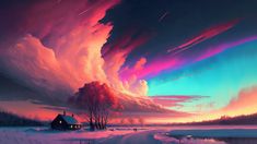 the sky is filled with colorful clouds and stars above a snow covered road that leads to a house