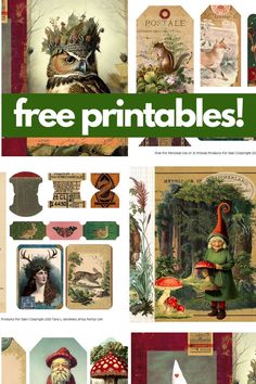 an assortment of free printables for gnomes and fairy tale themed cards with text that reads, free printables