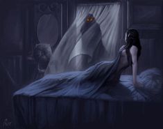 a woman sitting on top of a bed in front of a demonic looking monster next to a window