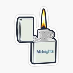 a lighter sticker with the words midnights written on it and a lit flame