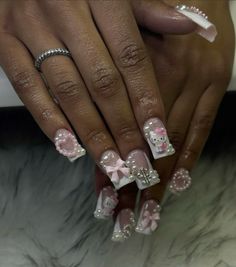 Pink And White Junk Nails, White Junk Nails, Pink Ombre Nails, Dope Nail Designs