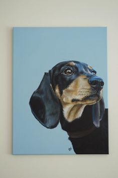 a painting of a black and tan dachshund dog on a blue background