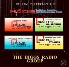 the biggs radio group logo is shown in red, yellow and blue colors on black