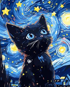 a painting of a black cat sitting in front of a night sky with stars on it