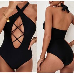 Black Cut-Out Criss Cross Halter Neck One-Piece Swimsuit Halter Neck, Sleeveless And Bodycon Style Show Off Your Charming Figure The Cut-Out Design With The Criss Cross Drawstring To Show Your Sexy Curve The Swimsuit Has The Tummy Control Design To Cover Your Tummy You Can Wear The Swimwear For Your Summer Beach Trip And Enjoy A Good Time 82%Nylon+18%Spandex Wire Free With Padding Small: 4-6, Hip 28.5” Medium: 8-10, Hip 30” Large: 12-14, Hip 33.1” Extra Large: 16-18, Hip 35.4” 2xl: 20, Hip 38” Black Sleeveless One Piece For Pool, Sleeveless Black Bodysuit For Pool, Black Sleeveless One-piece Swimsuit For Poolside, Black Sleeveless One-piece For Poolside, Sleeveless Black One-piece For Poolside, Black One-piece Swimsuit For Beach Season, Black One Pieces For Beach Season, Black Sleeveless Beachwear One Piece, Black Sleeveless One-piece With Lined Body