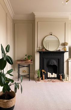 a living room with a fireplace, mirror and potted plant in the corner on the floor