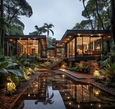 the exterior of a modern house surrounded by greenery and lit up lights at night