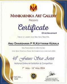 an award certificate is shown in gold, blue and white colors with the words makinka art gallery on it