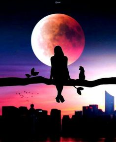 two birds are sitting on a tree branch in front of the moon and cityscape