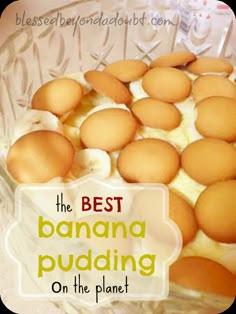 the best banana pudding on the planet is in a glass dish with white icing