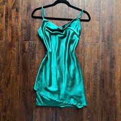 Worn Once Green Satin Slip Dress For Brunch, Green Mini Slip Dress For Brunch, Green Mini Slip Dress For Date Night, Green Mini Dress For Date Night, Chic Green Cocktail Slip Dress, Chic Green Slip Dress For Date Night, Green Silk Slip Dress For Date Night, Mini Satin Dress, Cloud 9