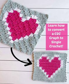 two crocheted squares with the words learn how to convert a cz graph to single crochet