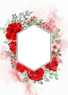 red roses and greenery are arranged around the white hexagonal frame on a pink background