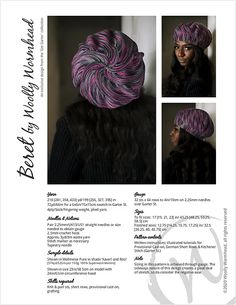 an advertisement for a hat made with purple and black yarn, featuring images of the same woman's hair